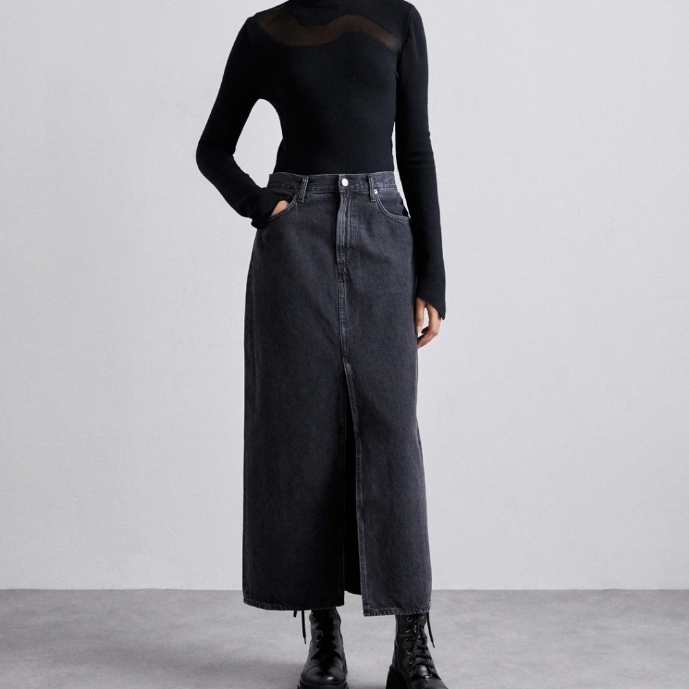 Agolde x Revolve The Leif Denim Maxi Skirt Front Split Spider Black Washed Sz 32
